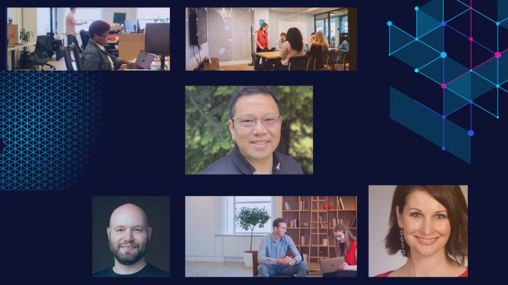 Blog header with various headshots and people around the office